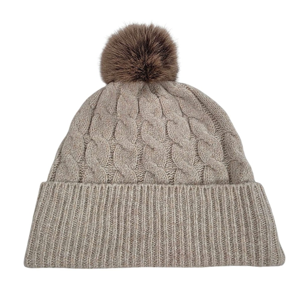 Rachel Zoe Cable Knit Pom Beanie Hat Faux Fur Tan OS Warm Winter Outdoors